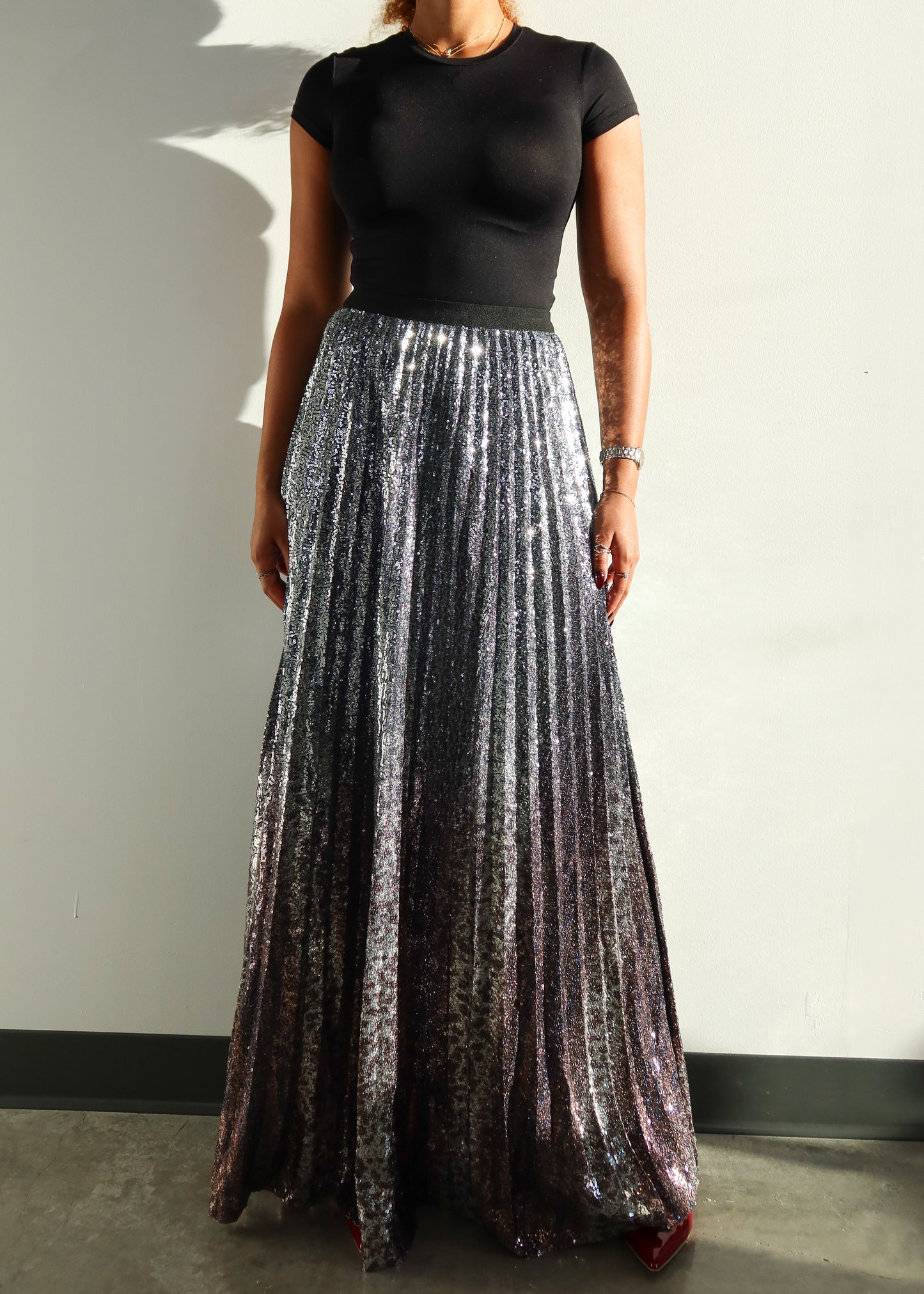 Silver Sequins Pleated Skirt