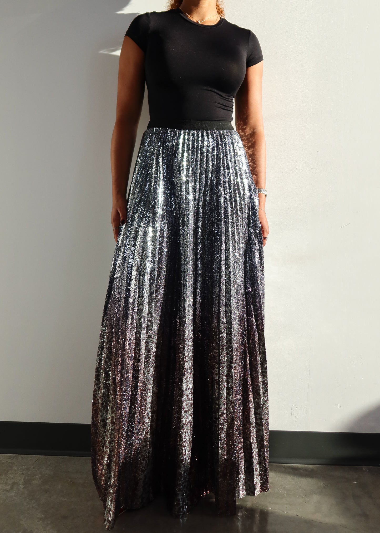 Silver Sequins Pleated Skirt