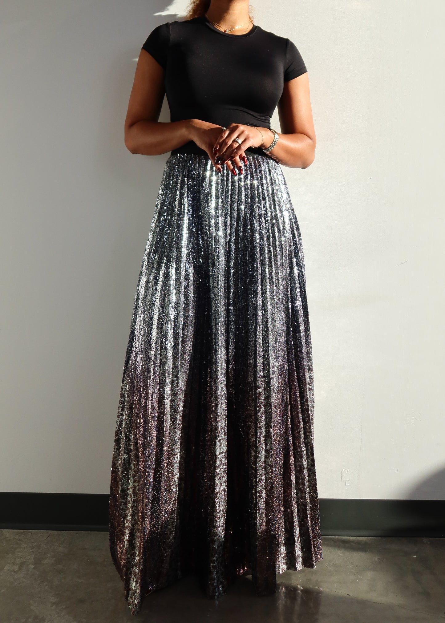 Silver Sequins Pleated Skirt